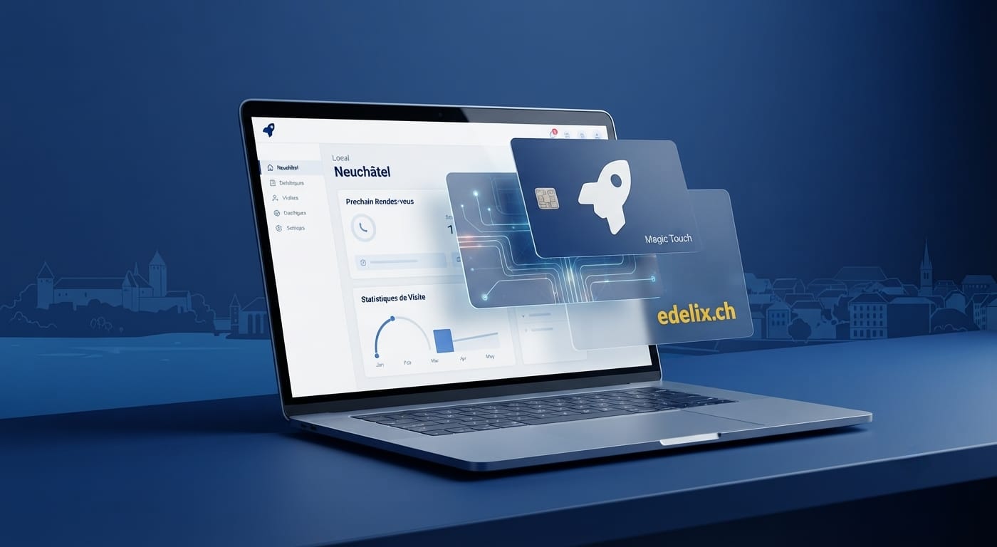 Interface de gestion web moderne Edelix pour PME neuchâteloises sur écran d'ordinateur.
